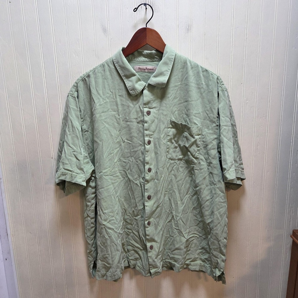 Tommy Bahama Shirt Mens XL Green 100% Silk Short Sleeve Camp‎ Pocket Button-Up